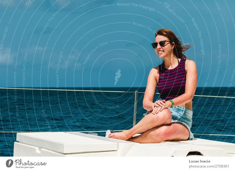 Girl in a boat near Saona Island, Dominican Republic Happy Vacation & Travel Tourism Summer Beach Ocean Woman Adults Environment Nature Sand Coast Watercraft