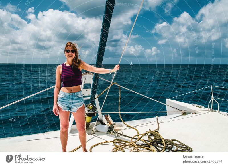 Girl in a boat near Saona Island, Dominican Republic Happy Vacation & Travel Tourism Summer Beach Ocean Woman Adults Environment Nature Sand Coast Watercraft