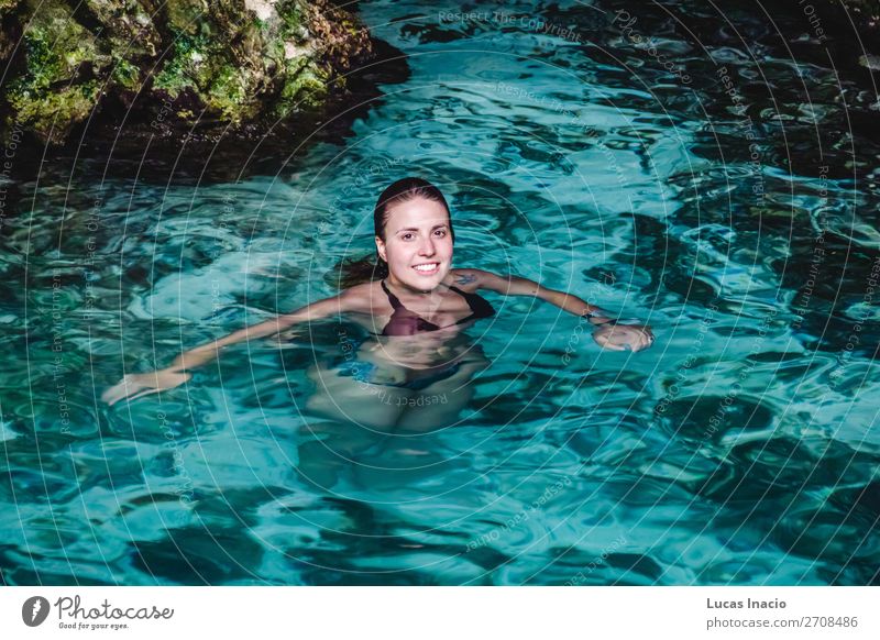 Girl at Hoyo Azul in Punta Cana, Dominican Republic Happy Vacation & Travel Tourism Summer Island Woman Adults Blonde Red-haired Smiling Happiness Blue