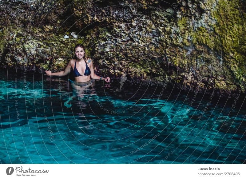 Girl at Hoyo Azul in Punta Cana, Dominican Republic Happy Vacation & Travel Tourism Summer Island Woman Adults Blonde Red-haired Smiling Happiness Blue