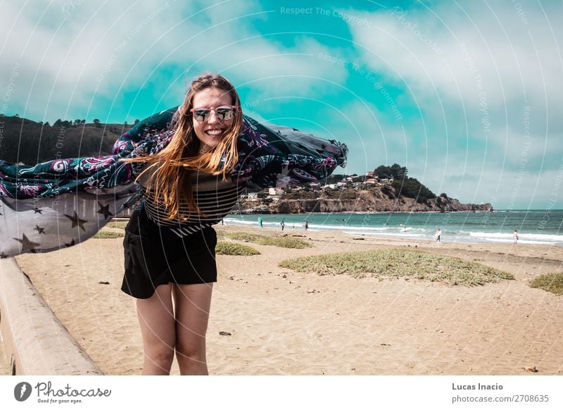 Pretty Girl walking in front of the Beach in California Vacation & Travel Tourism Summer Ocean Mountain Woman Adults Environment Nature Landscape Sand Sky Tree