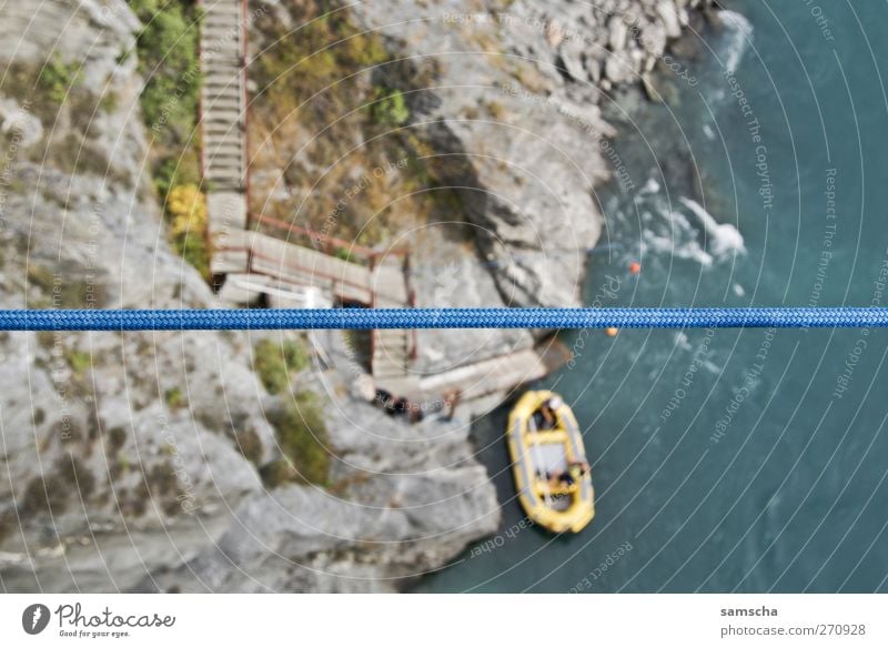 In the Canyon Vacation & Travel Nature Water Rock River bank Dinghy Under Blue New Zealand Queenstown Watercraft Rope look down Bird's-eye view Above Downward