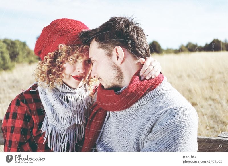 Romantic young couple of lovers look at each other Lifestyle Happy Beautiful Sunbathing Valentine's Day Human being Masculine Feminine Woman Adults Man