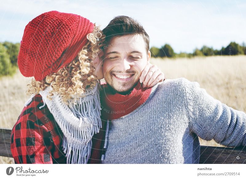 Romantic young couple of a kissing Lifestyle Joy Happy Beautiful Sunbathing Valentine's Day Human being Woman Adults Man Family & Relations Couple Partner 2