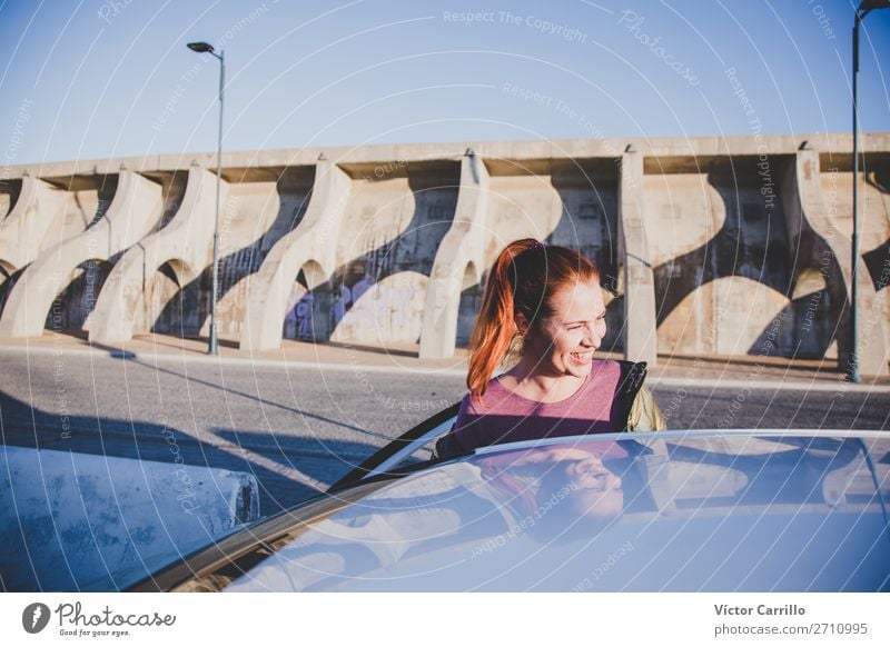 Young Red haired Woman traveling in a car Lifestyle Elegant Style Human being Feminine Young woman Youth (Young adults) Adults 1 30 - 45 years Street Vehicle