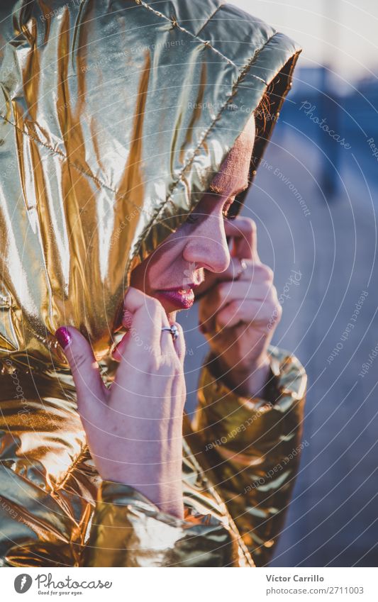 Young Woman in a sunset shooting with golden jacket Lifestyle Elegant Style Beautiful Human being Feminine Young woman Youth (Young adults) Adults 1