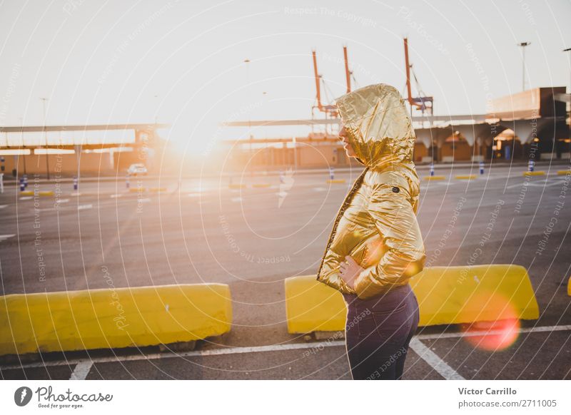 Young Woman in a sunset shooting with golden jacket Lifestyle Feminine Young woman Youth (Young adults) Adults Body 1 Human being 30 - 45 years Transport