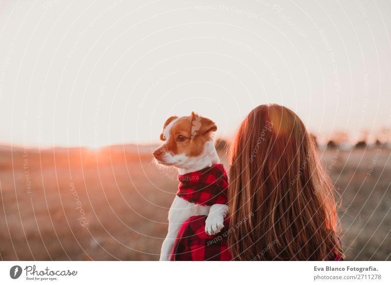 woman and dog at sunset matching clothes Lifestyle Joy Happy Beautiful Friendship Nature Landscape Animal Autumn Fashion Pet Dog Smiling Friendliness Happiness