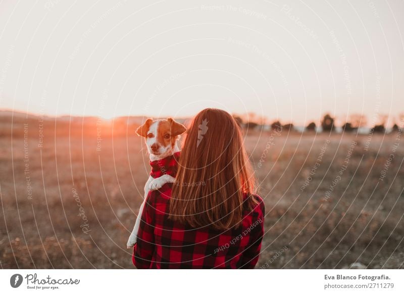 woman and dog at sunset matching clothes Lifestyle Joy Happy Beautiful Friendship Nature Landscape Animal Autumn Fashion Pet Dog Smiling Friendliness Happiness