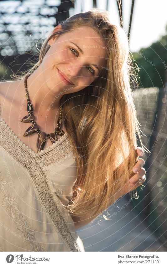 portrait of a beautiful woman at sunset Lifestyle Joy Happy Beautiful Skin Face Relaxation Summer Sun Human being Woman Adults Hand Nature Landscape Warmth