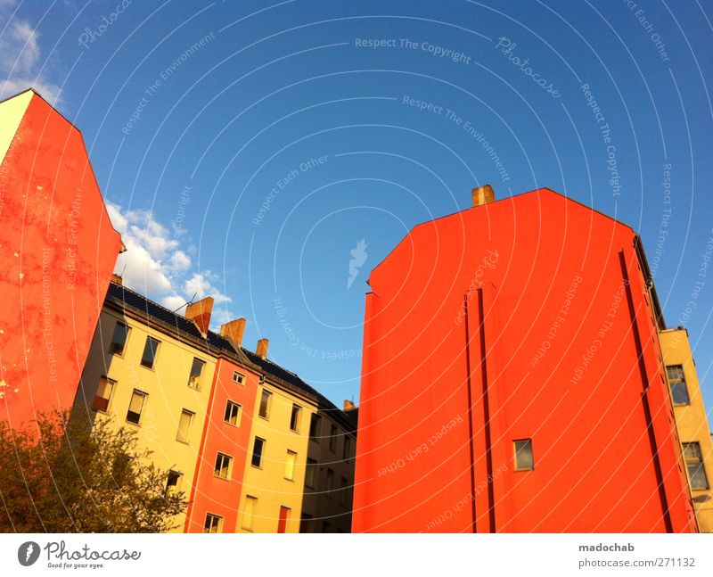 Fire coloured fire protection wall Town House (Residential Structure) High-rise Facade Roof Happy Happiness Fear of heights Claustrophobia Uniqueness Power