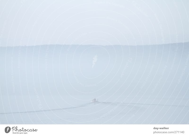 the fog Landscape Air Water Cloudless sky Spring Bad weather Fog Waves Lakeside Wet Blue Lake Constance Konstanz Calm Watercraft Mountain ridge Colour photo