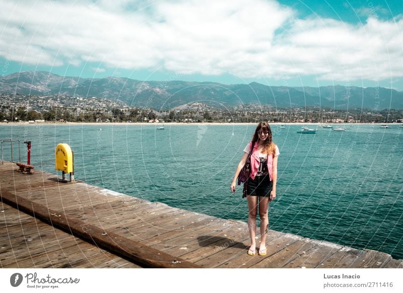 Girl at Santa Barbara Pier in California Vacation & Travel Tourism Summer Beach Ocean Mountain Woman Adults Environment Nature Landscape Sand Sky Hill Coast