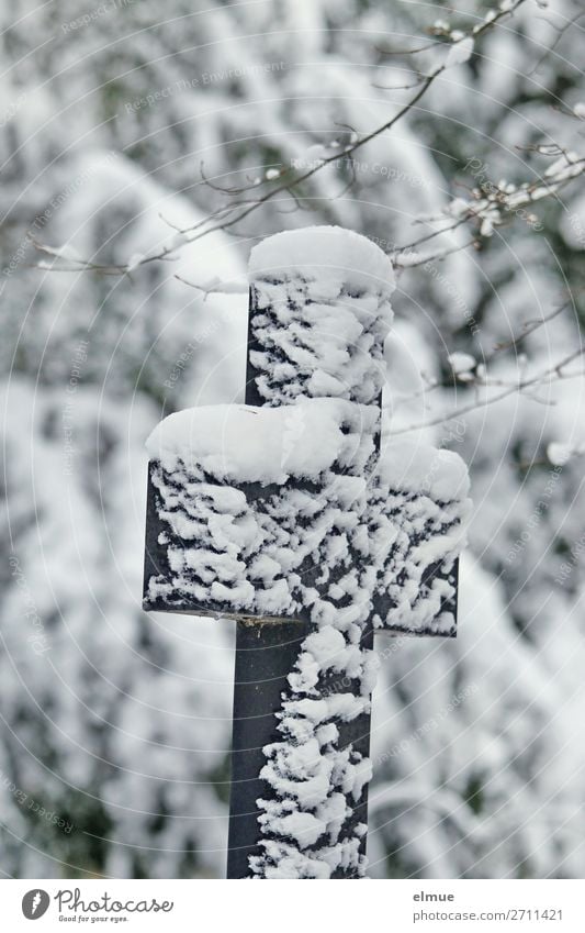 Mourning cross in the snow Winter Ice Frost Snow Stone Sign Crucifix Old Emotions Honor To console Calm Hope Belief Sadness Grief Death Pain Loneliness End