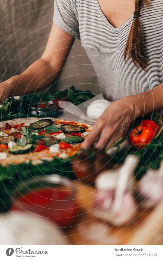 Crop woman preparing pizza Woman Pizza Cooking Arrange Vegetable Italian Kitchen Meal Sauce Home-made Preparation Food Tomato Make Bakery Ingredients Fresh