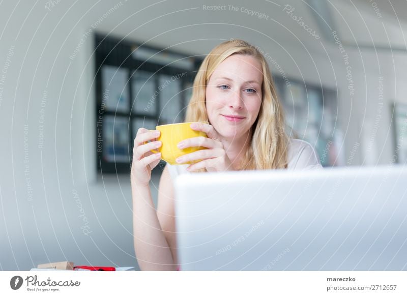 Student takes a learning break Drinking Hot drink Coffee Latte macchiato Tea Cup Mug Joy Happy Healthy Well-being Contentment Relaxation Calm Feminine