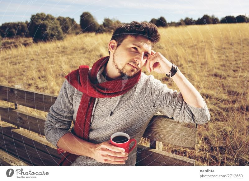 Young man enjoying a sunny morning drinking coffee Breakfast Drinking Hot drink Coffee Tea Life Relaxation Calm Freedom Summer Human being Masculine Man Adults