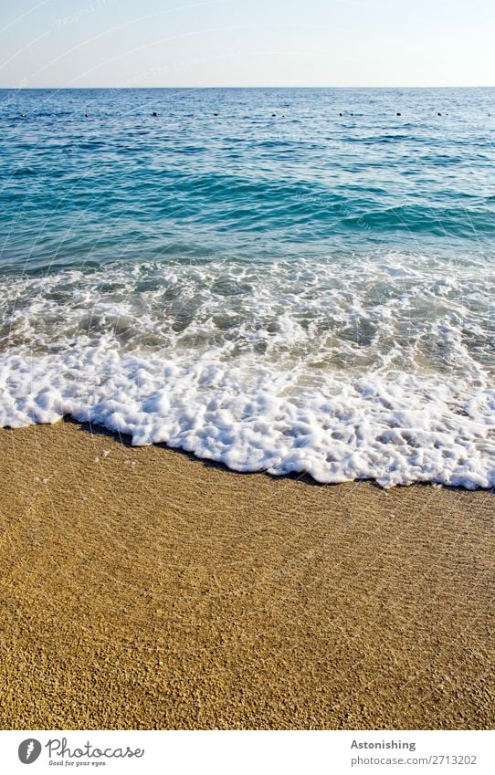 beach Environment Nature Landscape Sky Horizon Summer Weather Beautiful weather Waves Coast Beach Ocean Mediterranean sea Albania Warmth Blue Yellow White Gjipe