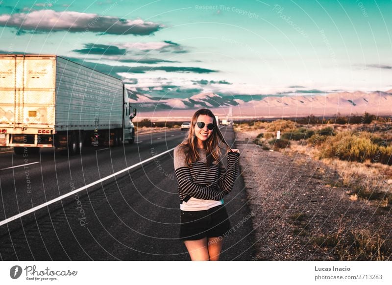 Girl at Mojave Desert near Route 66 in California Vacation & Travel Tourism Trip Adventure Far-off places Freedom Expedition Summer Mountain Human being