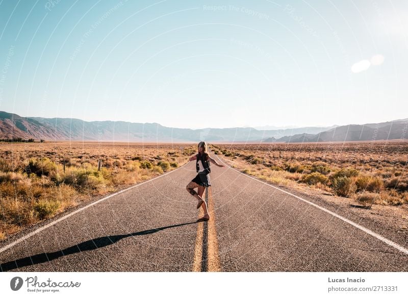 Girl in the middle of Route 66 Vacation & Travel Tourism Summer Human being Feminine Young woman Youth (Young adults) Woman Adults 1 Landscape Street Highway