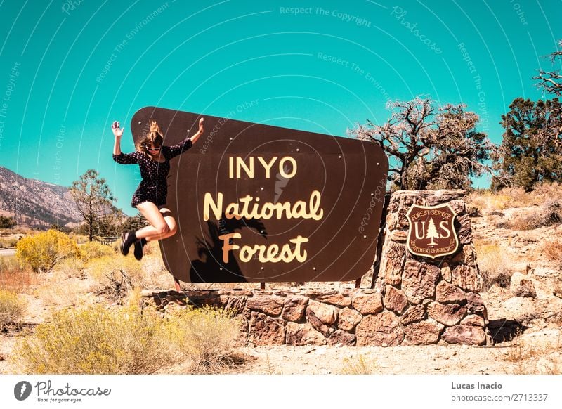 Girl at INYO National Forest sign, near California and Nevada Vacation & Travel Tourism Human being Feminine Young woman Youth (Young adults) Woman Adults 1