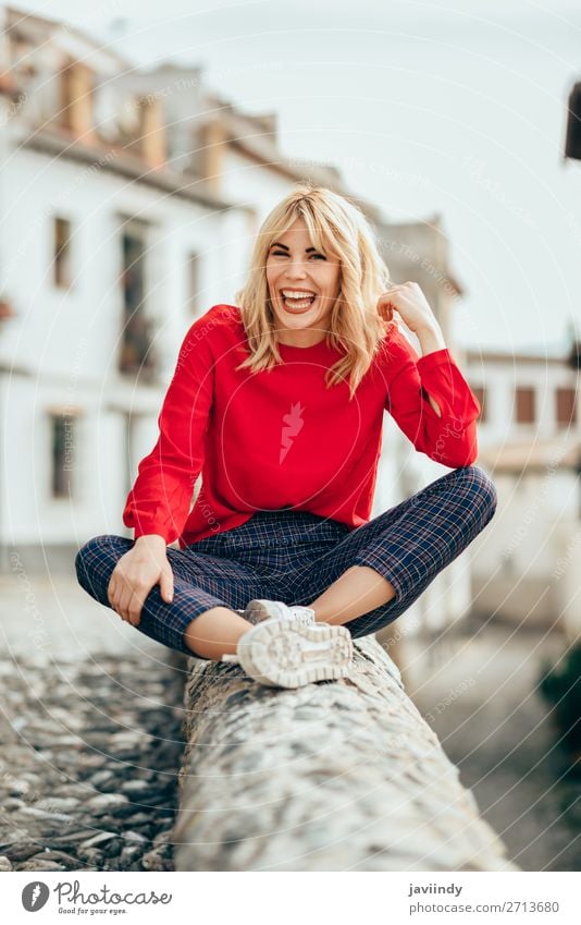 Smiling blonde girl with red shirt enjoying life outdoors. Lifestyle Style Happy Beautiful Hair and hairstyles Human being Feminine Young woman