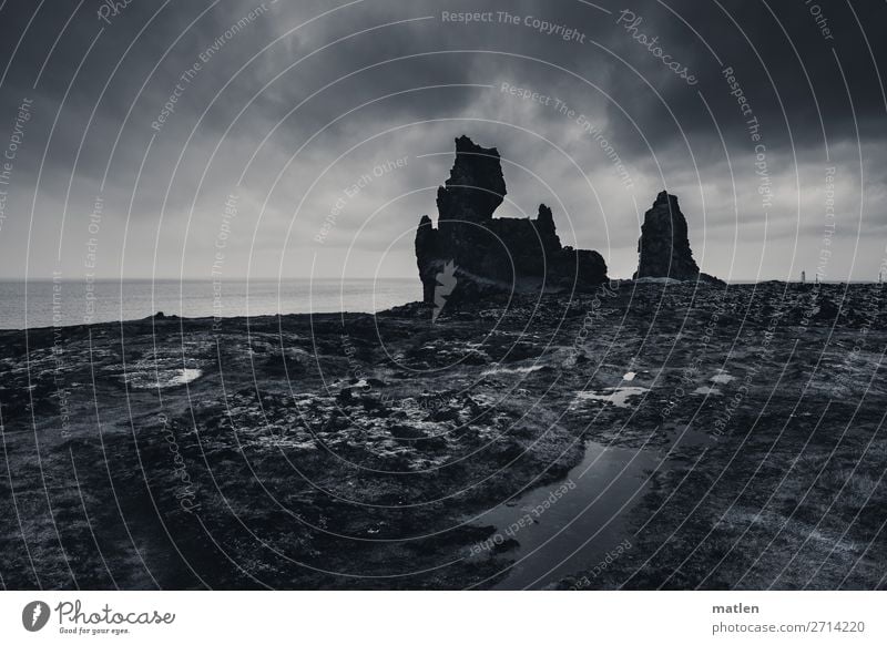 landmarks Nature Landscape Sky Storm clouds Horizon Spring Bad weather Moss Rock Coast Beach Ocean Lighthouse Dark Gigantic Natural Iceland Snæfellsnes