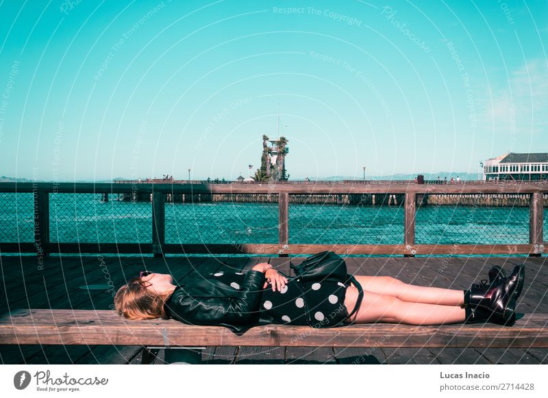 Girl Lying Down on a Bench at San Francisco, California Vacation & Travel Tourism Summer Beach Ocean Human being Young woman Youth (Young adults) Woman Adults 1