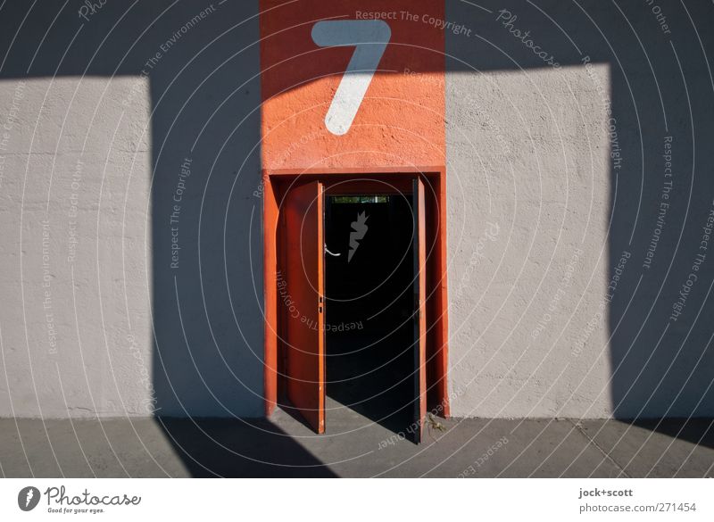 Opening hours no. 7 Wall (building) Signs and labeling Stripe Retro Orange Symmetry Light threshold Column Ground Neutral Background Shadow Silhouette Design