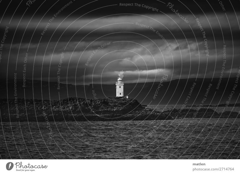 lighthouse Nature Landscape Sky Clouds Spring Bad weather Rock Coast Fjord Ocean Island Lighthouse Dark Maritime Iceland Flatey Black & white photo