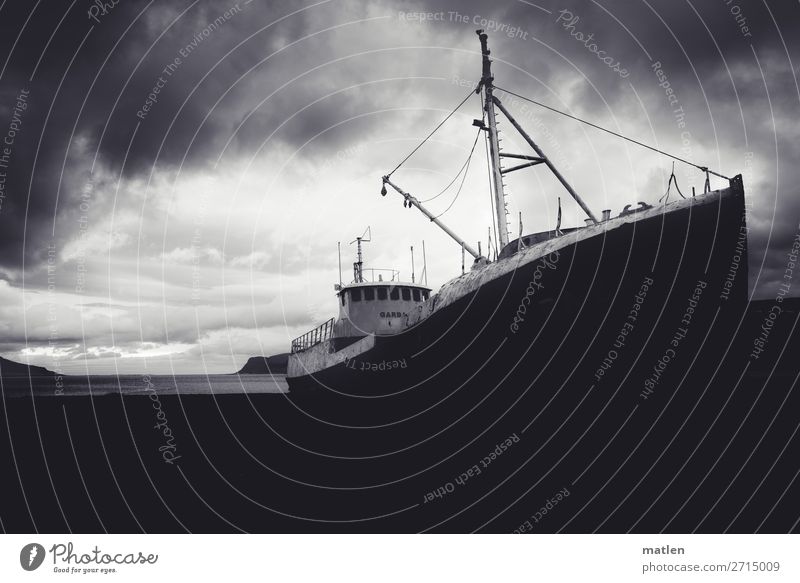 aground Landscape Sky Clouds Horizon Bad weather Coast Beach Bay Fjord Ocean Navigation Steamer Watercraft Lie Old Dark Maritime Trawler Wreck Pole Westfjord