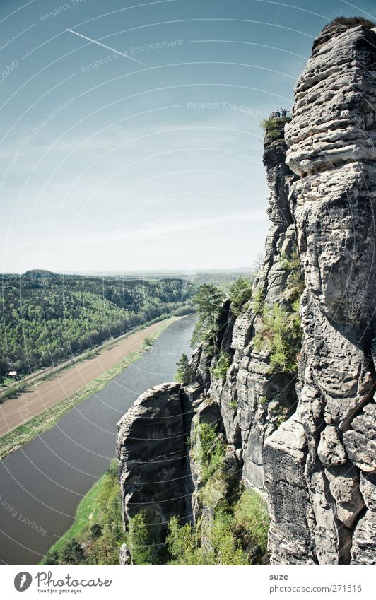 Beautiful Elbe Environment Nature Landscape Sky Cloudless sky Spring Climate Beautiful weather Rock Mountain River bank Authentic Large Tall Wild Blue Green