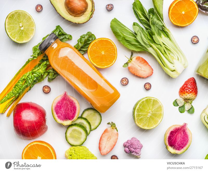 Yellow smoothie or juice in bottle and ingredients Food Vegetable Fruit Apple Orange Breakfast Organic produce Vegetarian diet Diet Beverage Juice Bottle Style