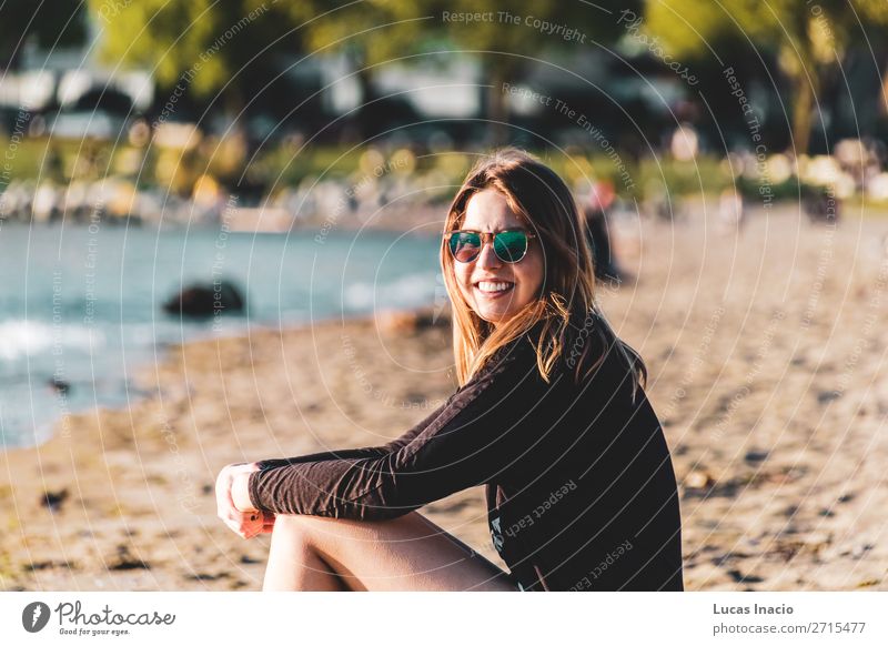 Girl at English Bay Beach in Vancouver, BC, Canada Happy Summer Ocean Human being Feminine Young woman Youth (Young adults) Woman Adults 1 Environment Nature