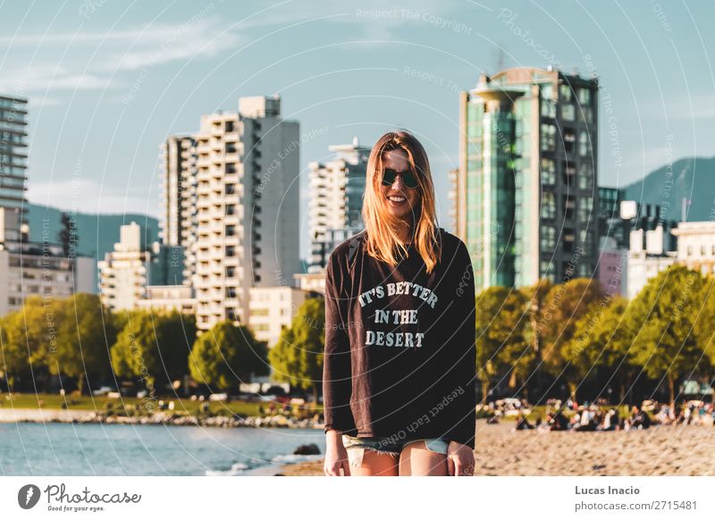 Girl at English Bay Beach in Vancouver, BC, Canada Happy Summer Ocean Mountain House (Residential Structure) Human being Feminine Young woman