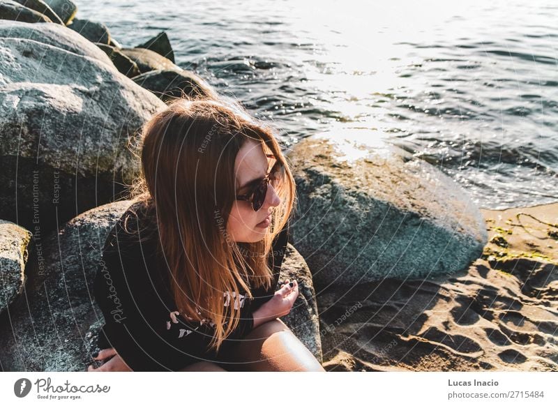 Girl at English Bay Beach in Vancouver, BC, Canada Summer Ocean Human being Young woman Youth (Young adults) Woman Adults 1 Environment Nature Sand Flower