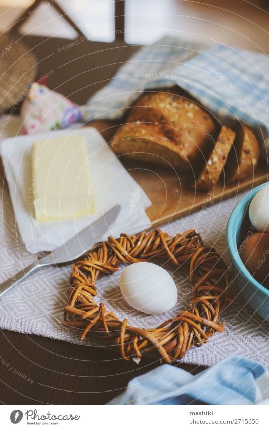 country breakfast on rustic home kitchen with farm eggs Bread Breakfast Plate Decoration Table Kitchen Easter Fresh Natural Brown Green Tradition food spring