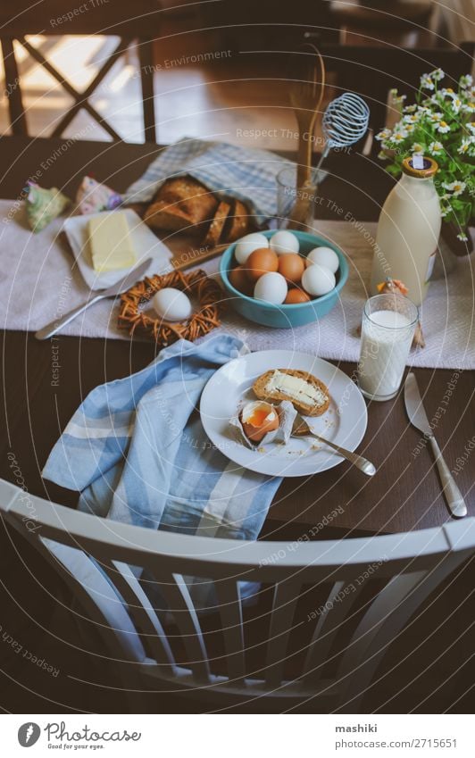 country breakfast on rustic home kitchen with farm eggs Bread Breakfast Plate Decoration Table Kitchen Easter Landscape Wood Fresh Natural Brown Green Tradition