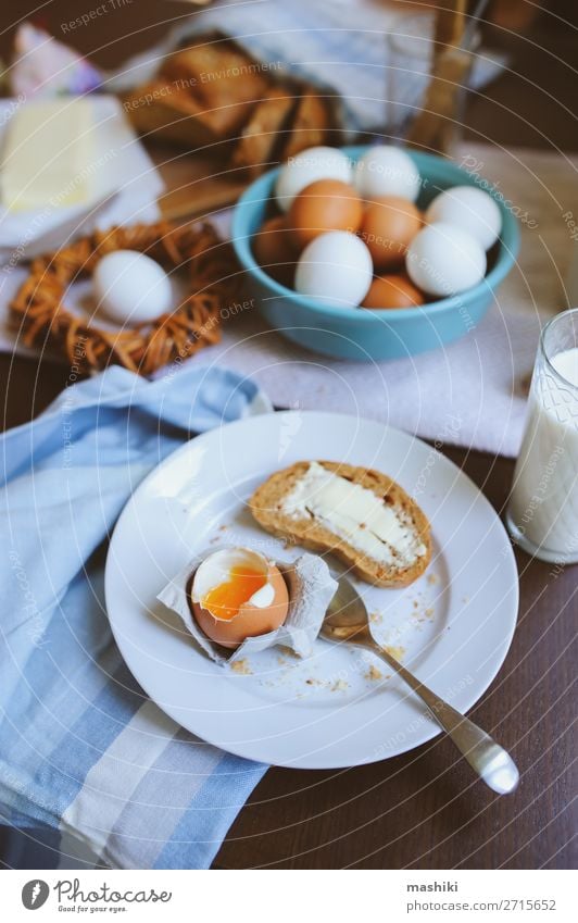 country breakfast on rustic home kitchen with farm eggs Bread Breakfast Plate Decoration Table Kitchen Easter Landscape Wood Fresh Natural Brown Green Tradition