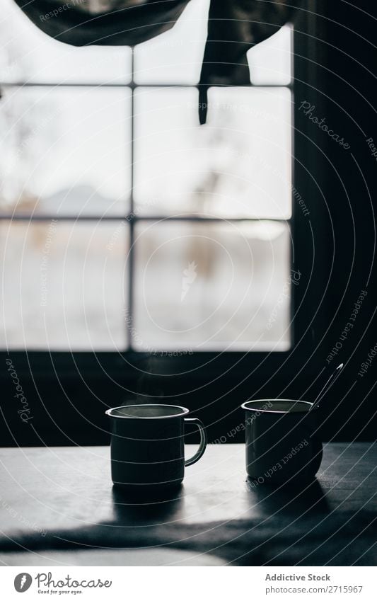 Two cups on table Cup Metal Table Rural House (Residential Structure) Window Rustic Old Spoon Food Day Organic composition Iron Drinking Meal Authentic Saucer