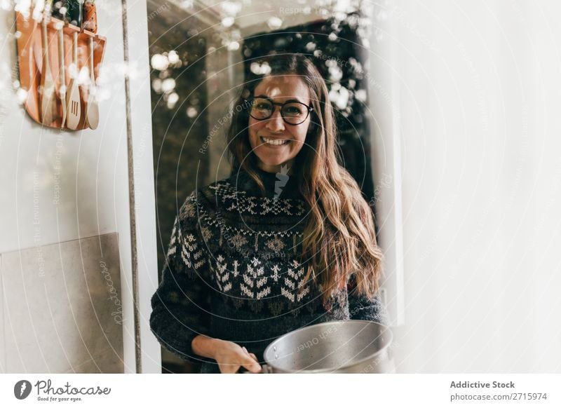 Smiling woman with pot at home Woman Home Pot Cooking Cheerful Kitchen Food Youth (Young adults) Meal Healthy Happy Lifestyle Housewife Domestic Human being