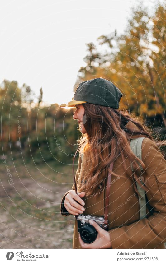 Tourist posing in nature Camera shots Autumn Vacation & Travel Human being Lifestyle Tourism Photography Flat (apartment) Illustration Building