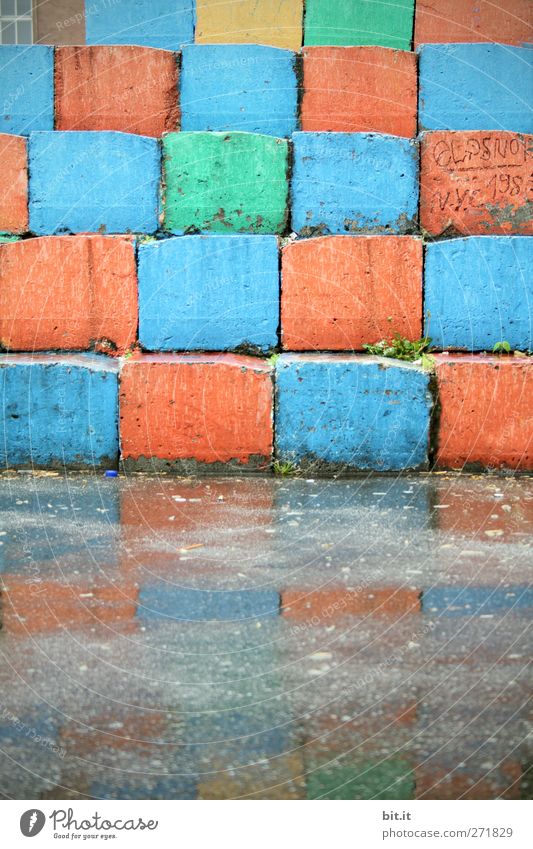 corner window Design Art Architecture Stairs Stone Concrete Sharp-edged Happiness Wet Town Blue Multicoloured Green Red Creativity Mosaic Square Geometry Corner