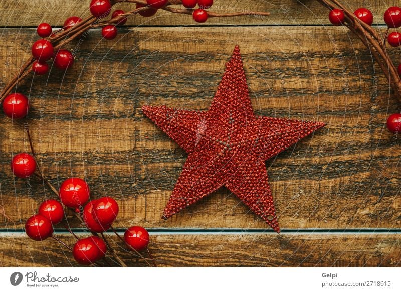 Red Christmas star with branch of berries Fruit Design Joy Happy Beautiful Winter Decoration Feasts & Celebrations Christmas & Advent Ornament Sphere Glittering