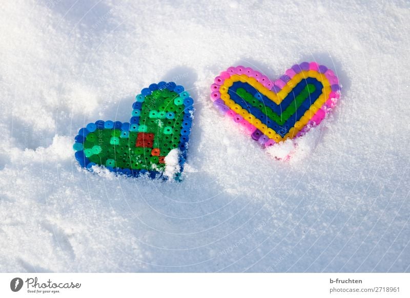 Two hearts in the snow Winter Snow Ice Frost Toys Decoration Kitsch Odds and ends Sign Heart Discover Lie Happiness Fresh Multicoloured Together Love Friendship