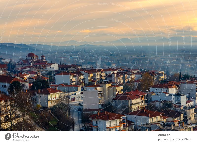 Greek town evening panorama with red roof houses, Kalabaka, Thessaly, Greece autumn beautiful building church cityscape clouds cloudy country countryside day