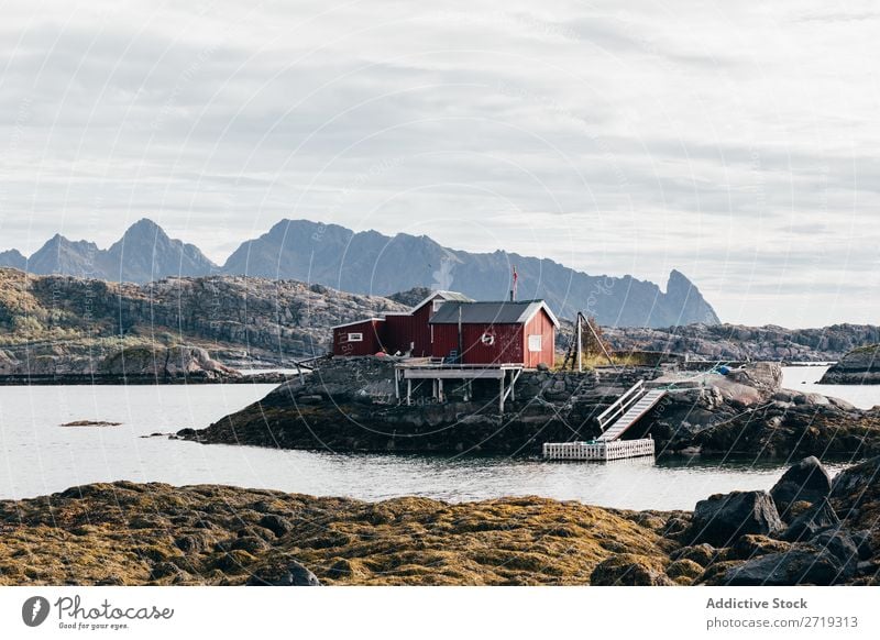 House with pier at lake House (Residential Structure) Small Jetty Lake Water Coast Hill Mountain Peak Nature Vacation & Travel Vantage point Picturesque