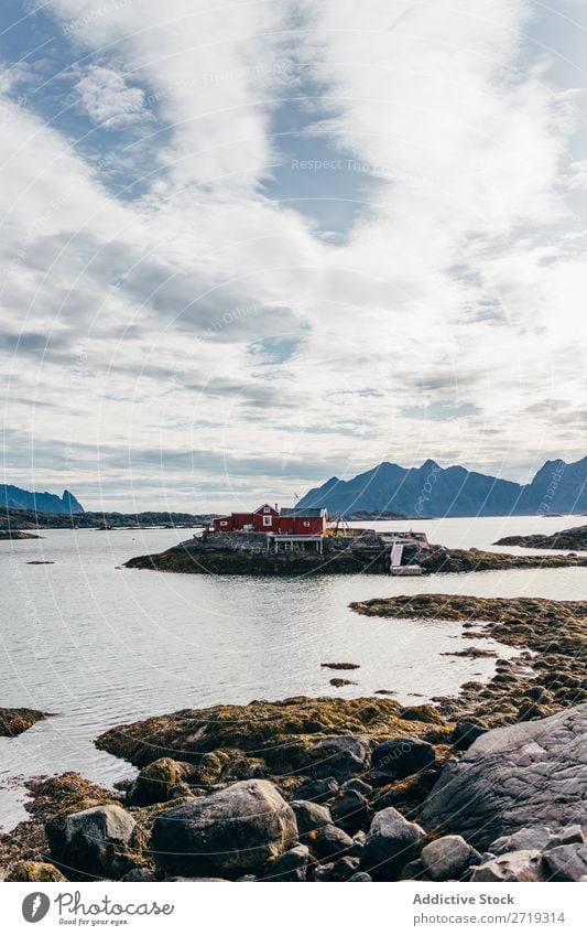 House with pier at lake House (Residential Structure) Small Jetty Lake Water Coast Hill Mountain Peak Nature Vacation & Travel Vantage point Picturesque