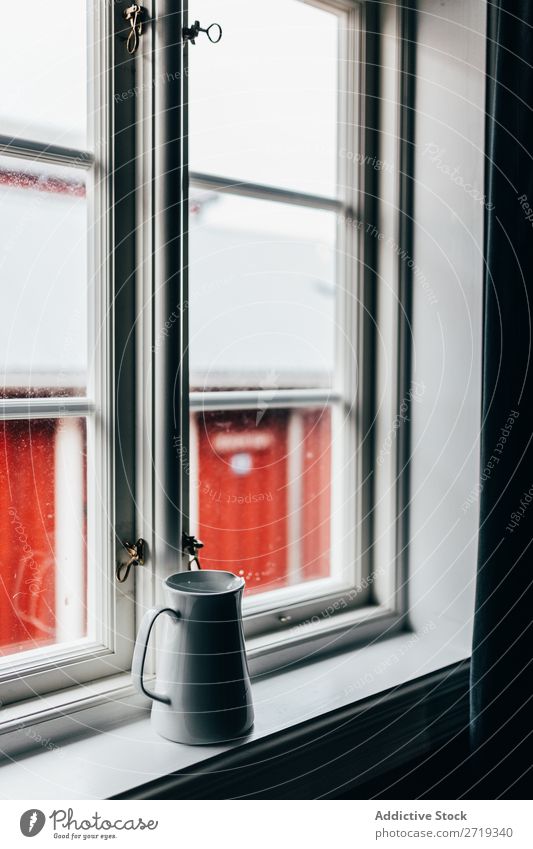 Jug on window sill Window ceramic House (Residential Structure) Home Room White Morning Object photography Person wearing glasses Frame Cottage Rural Rustic