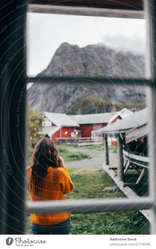 Woman enjoying view Village Mountain Relaxation Rest Watercraft Shed Vantage point Tourist Vacation & Travel Human being Leisure and hobbies Tourism Trip